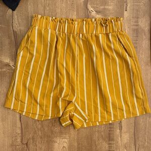 Mustard Yellow Striped High-Waist Paperbag Shorts